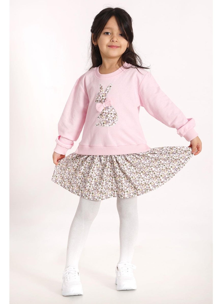 Crew Neck Long Sleeve Rabbit Printed Skirted Light Pink Color Sweat Suit