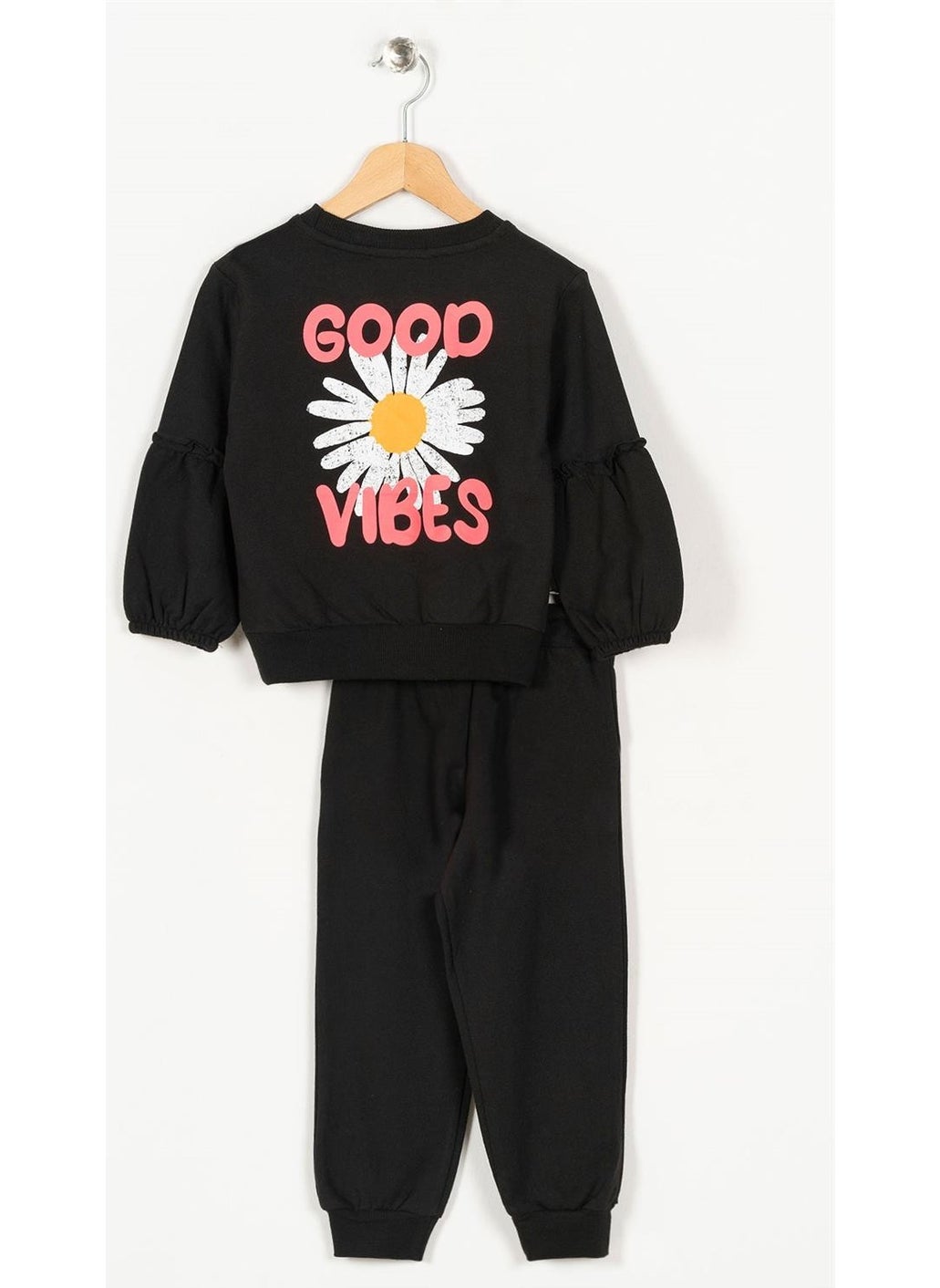 Girls Black Colored Ruffled Sleeve Tracksuit Set