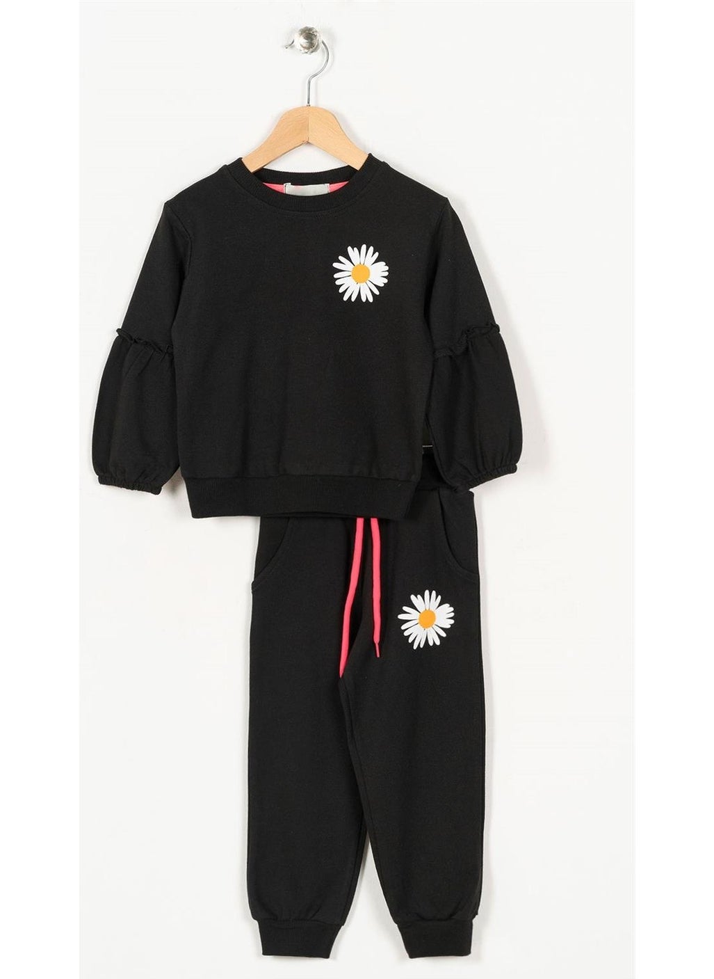 Girls Black Colored Ruffled Sleeve Tracksuit Set