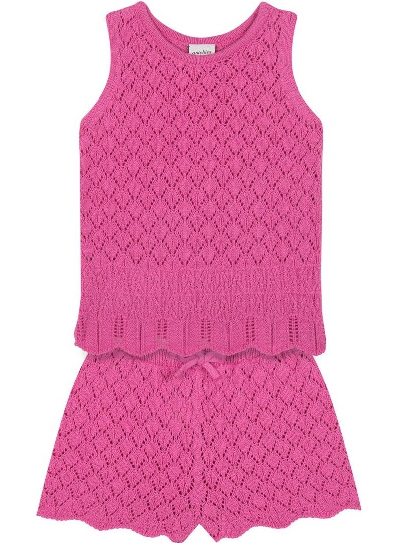 Pink Jacquard Knitwear Shorts Set