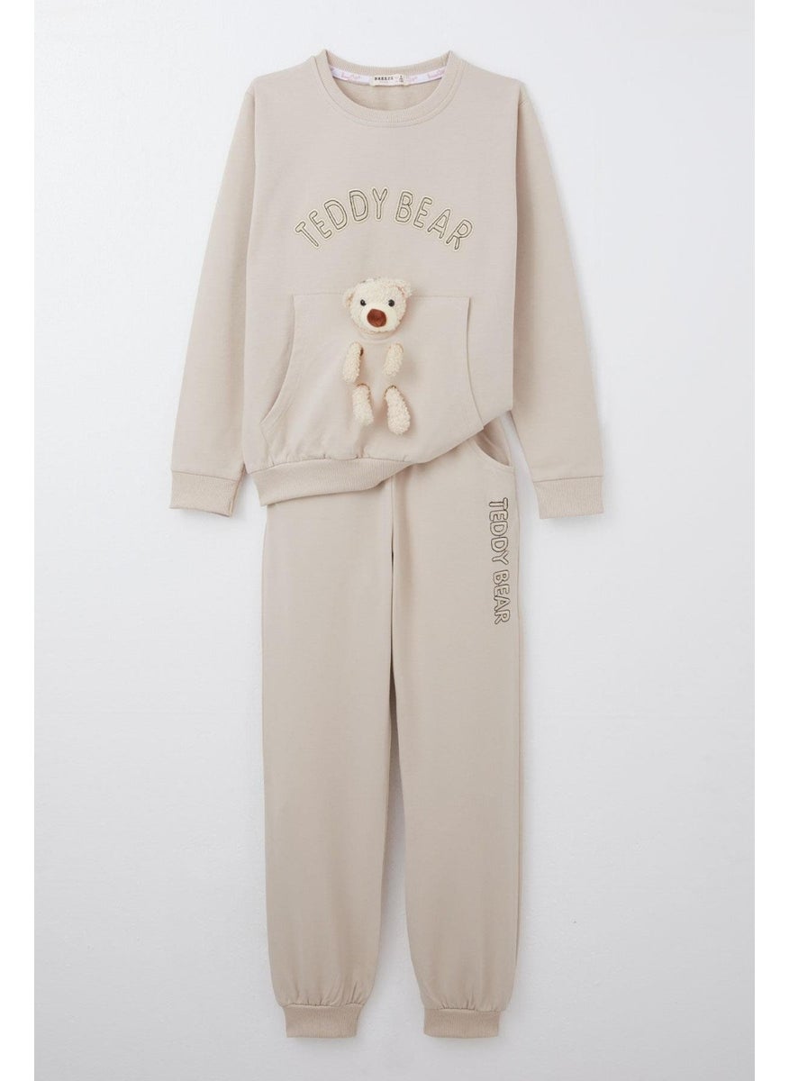 Girls Tracksuit Set with Teddy Bear Accessory and Text Embroidery, 5-9 Years, Beige