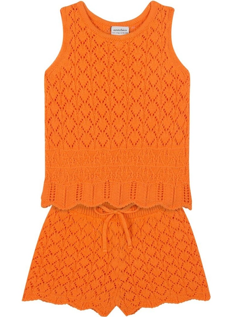 Orange Jacquard Knitwear Shorts Set