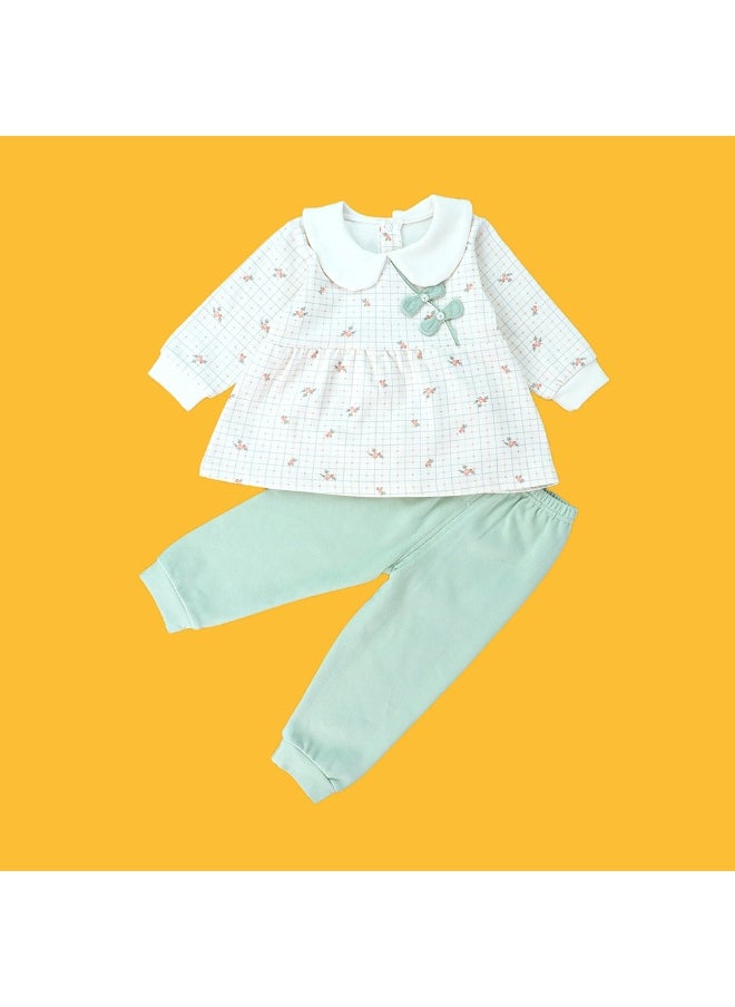 2pcs Light Green Little Florals and Bows Long Frock style Top with matching full Pants