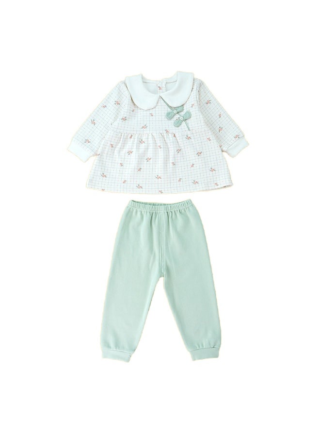 2pcs Light Green Little Florals and Bows Long Frock style Top with matching full Pants