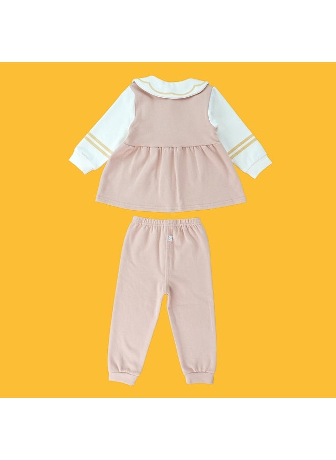 2pcs Peach Scalloped Long Frock style Top with matching full Pants