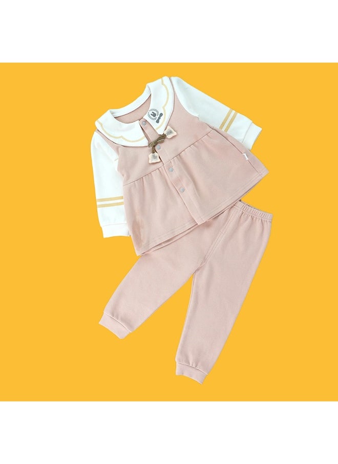 2pcs Peach Scalloped Long Frock style Top with matching full Pants
