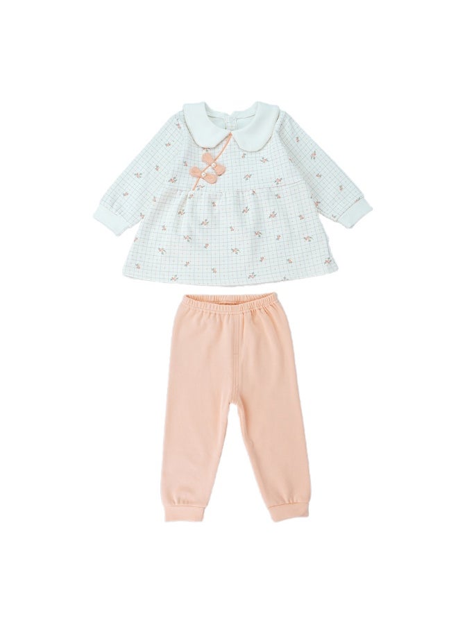 2pcs Light Peach Little Florals and Bows Long Frock style Top with matching full Pants
