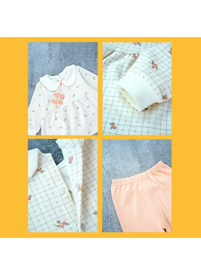 2pcs Light Peach Little Florals and Bows Long Frock style Top with matching full Pants