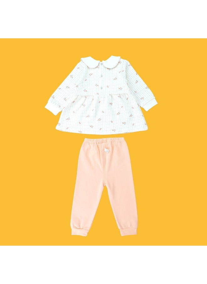 2pcs Light Peach Little Florals and Bows Long Frock style Top with matching full Pants