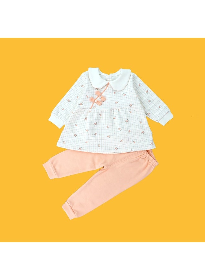 2pcs Light Peach Little Florals and Bows Long Frock style Top with matching full Pants