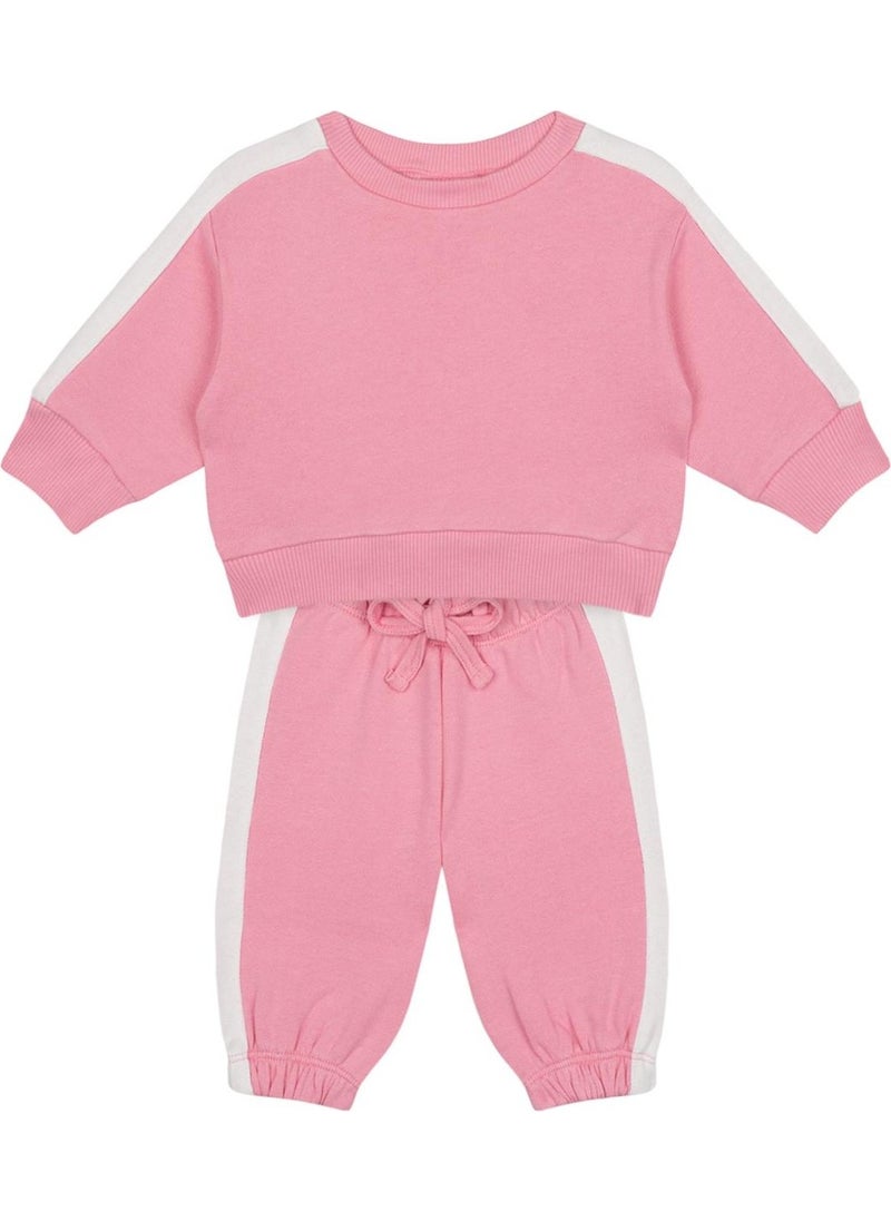 White Contrast Pink Sweatshirt and Pants Set