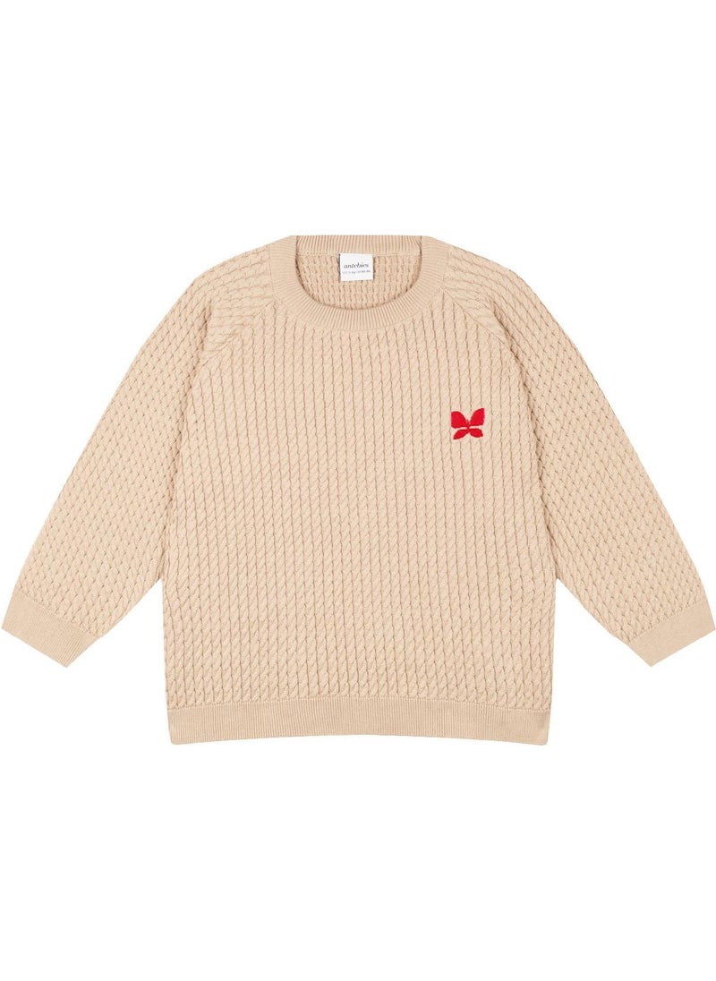 Butterfly Embroidered Beige Herringbone Sweater and Trousers S
