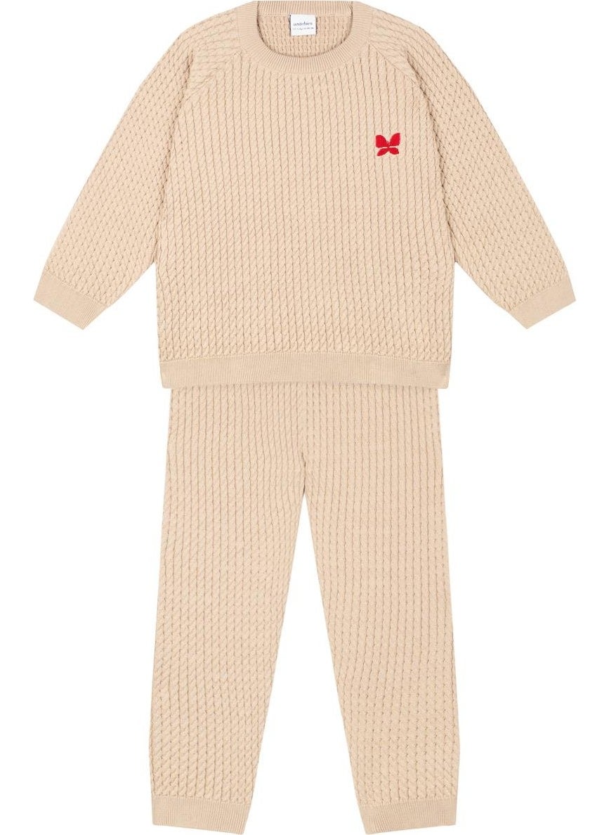 Butterfly Embroidered Beige Herringbone Sweater and Trousers S