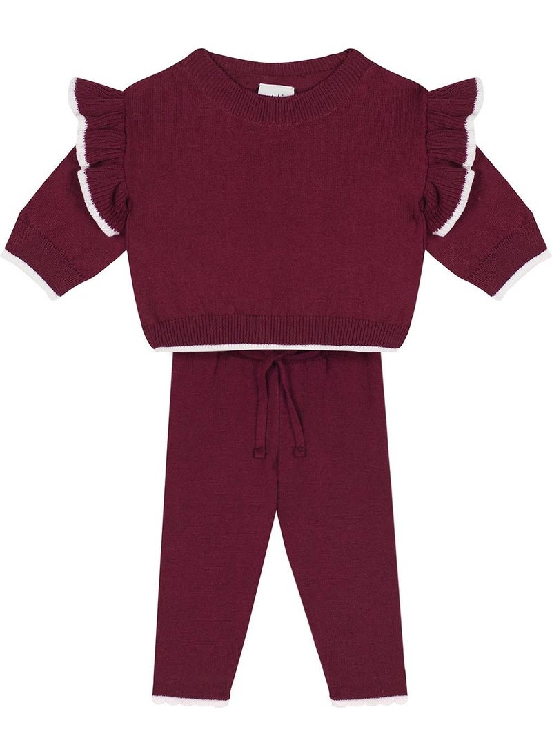 White Contrast Detailed Ruffle Burgundy Knitwear Baby