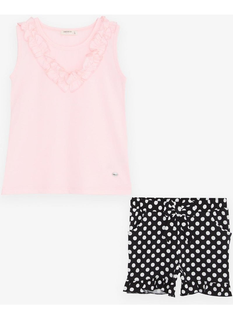 Girl's Shorts Set Polka Dots Bow Ruffles Age 4-8, Neon Pink