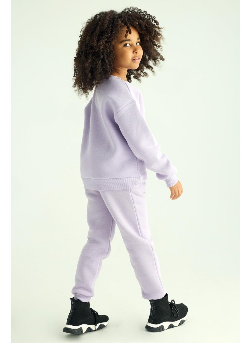 Crew Neck Long Sleeve Lilac Color Girl's Two Piece Set