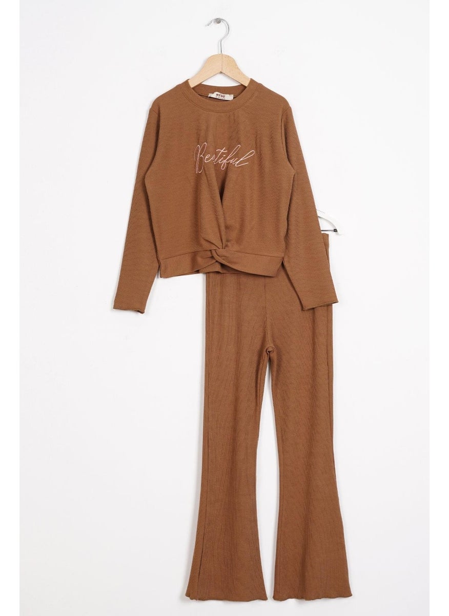 Crew Neck Long Sleeve Printed Brown Color Girl Child Pants Set