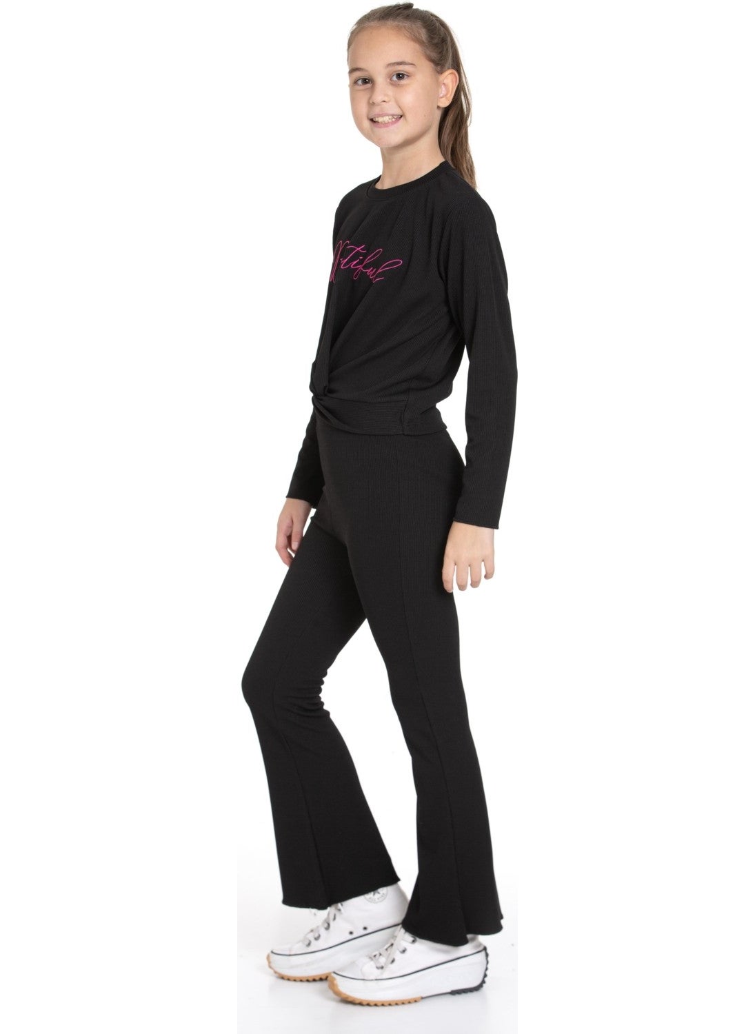 Crew Neck Long Sleeve Printed Black Color Girl Child Trouser Set