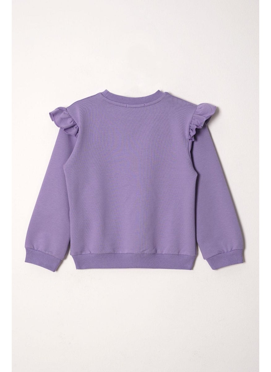Crew Neck Long Sleeve Flower Embroidery Printed Lilac Color Girl's Two Piece Set