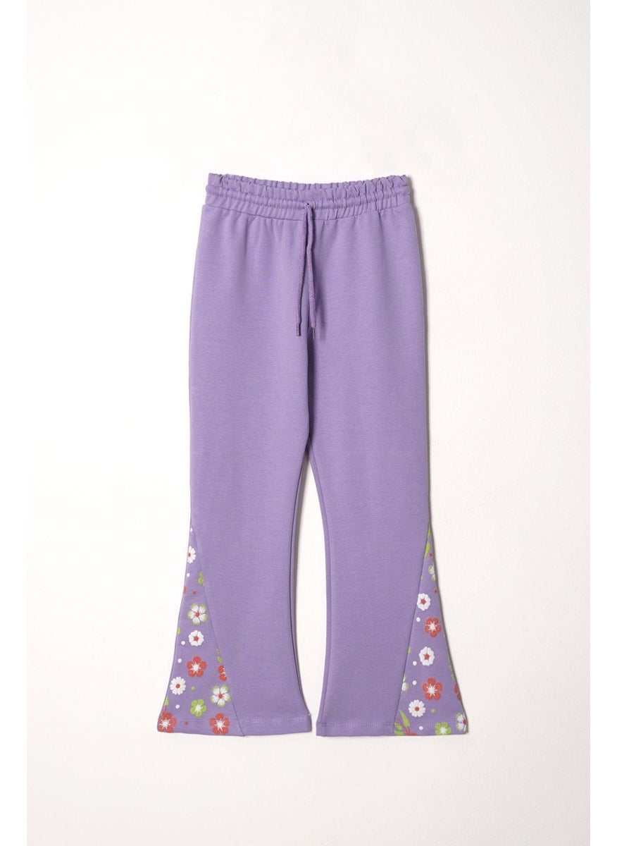 Crew Neck Long Sleeve Flower Embroidery Printed Lilac Color Girl's Two Piece Set