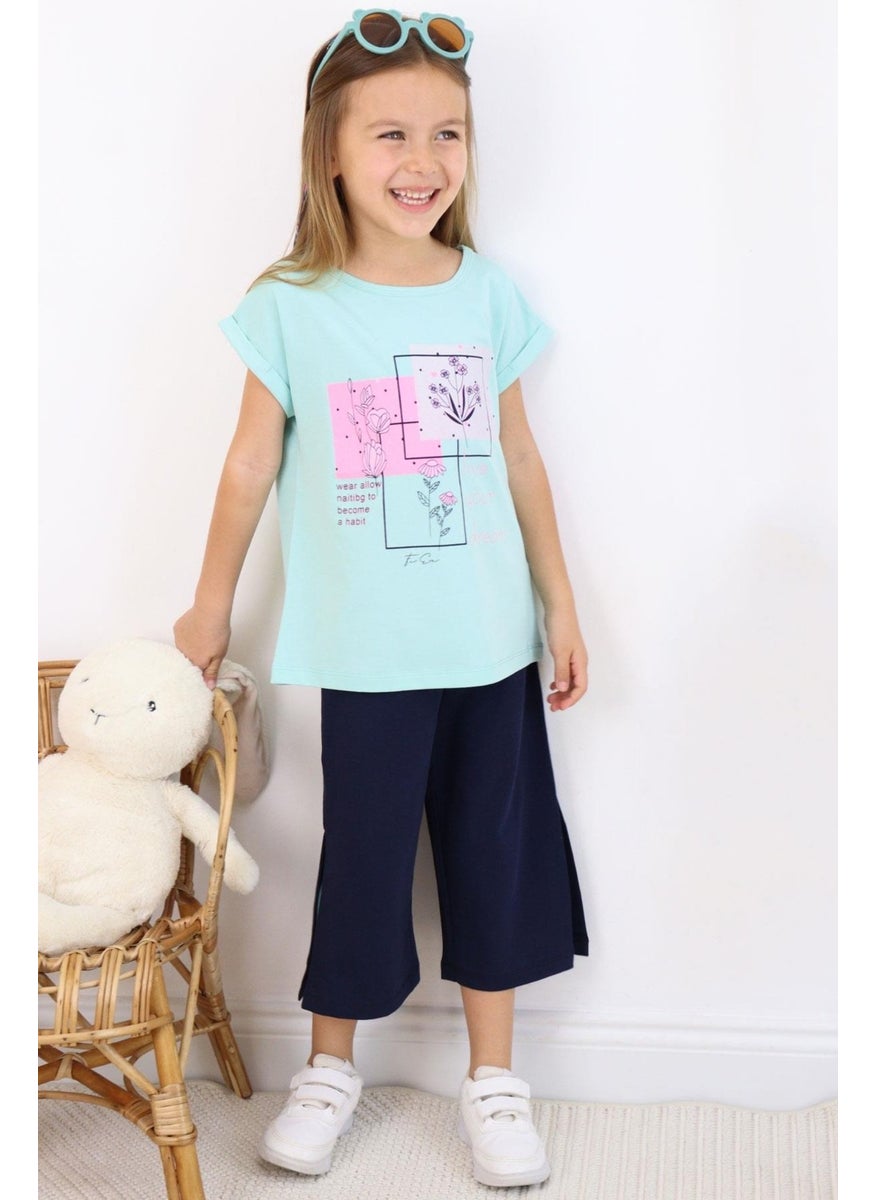 Girls Trouser Suit Floral Printed Slit 6-12 Years, Aqua Green
