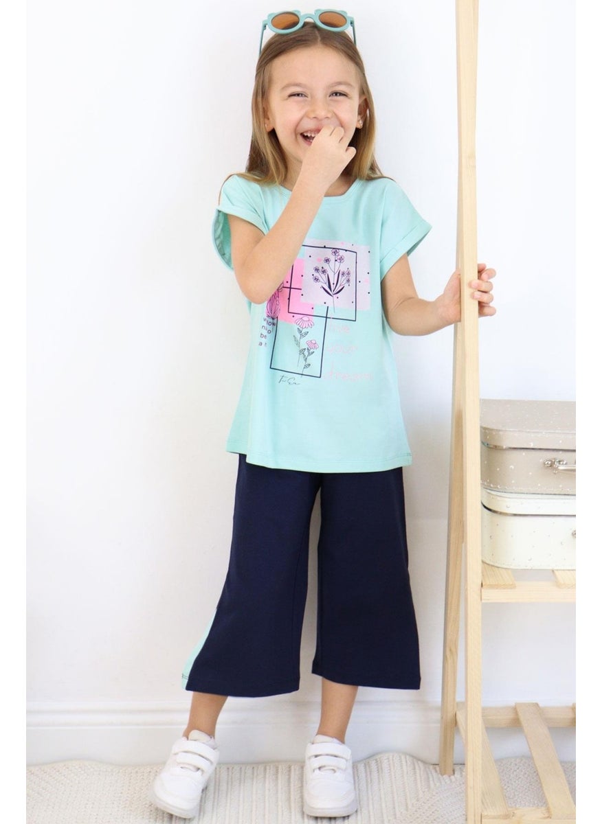 Girls Trouser Suit Floral Printed Slit 6-12 Years, Aqua Green