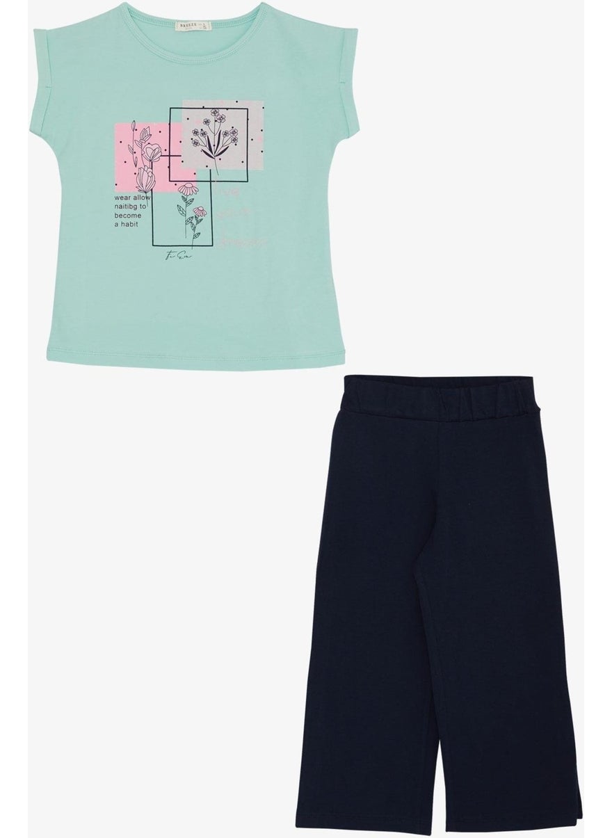 Girls Trouser Suit Floral Printed Slit 6-12 Years, Aqua Green