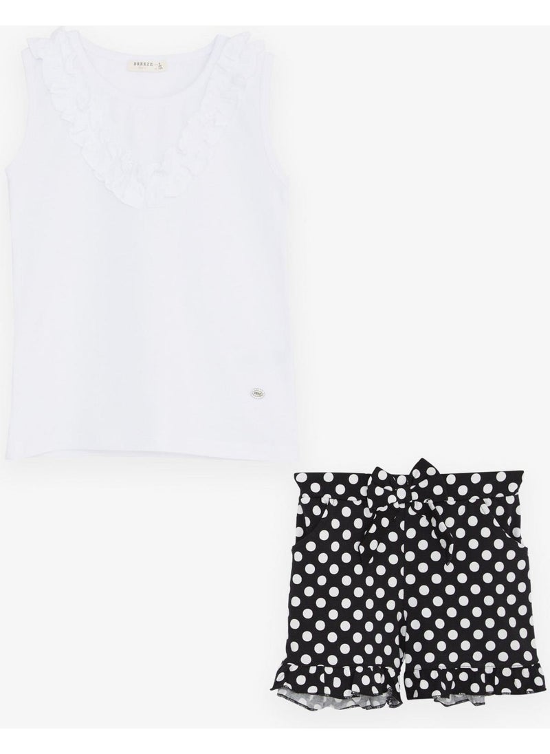 Girl's Shorts Set Polka Dots Bow Ruffles Age 4-8, White