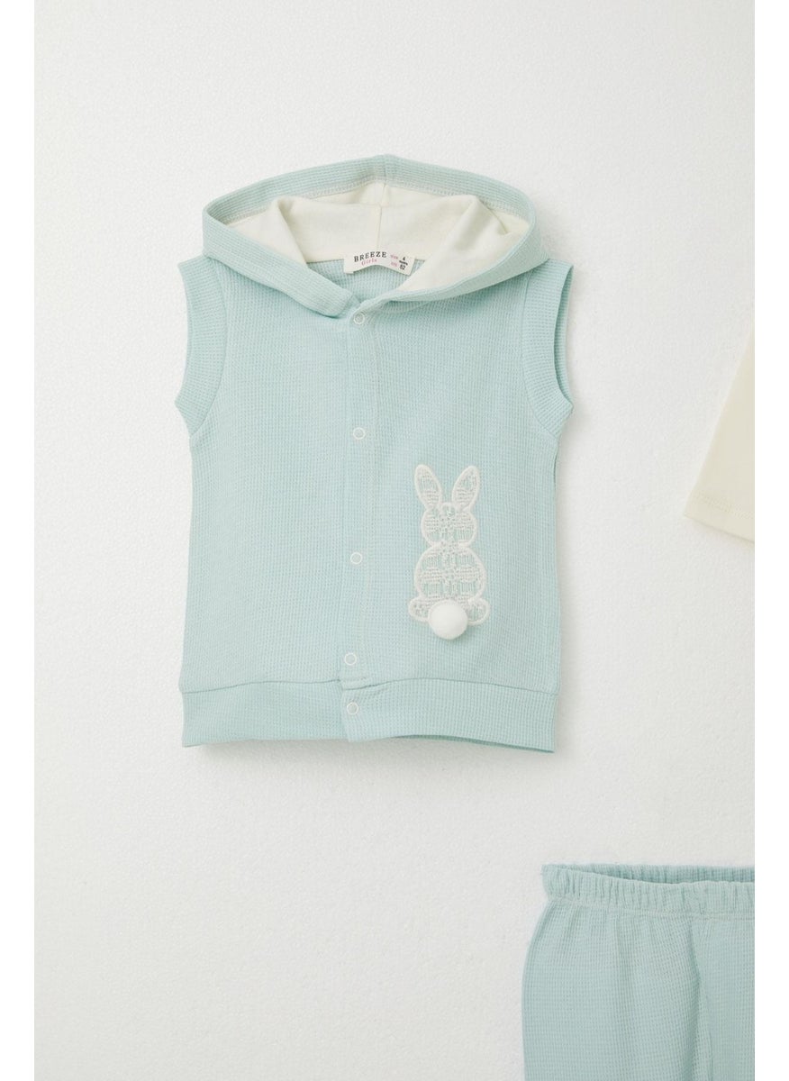 Baby Girl Bodysuit 3-Piece Set with Rabbit Embroidery and Pompoms, 4 Months-1 Years, Aqua Green