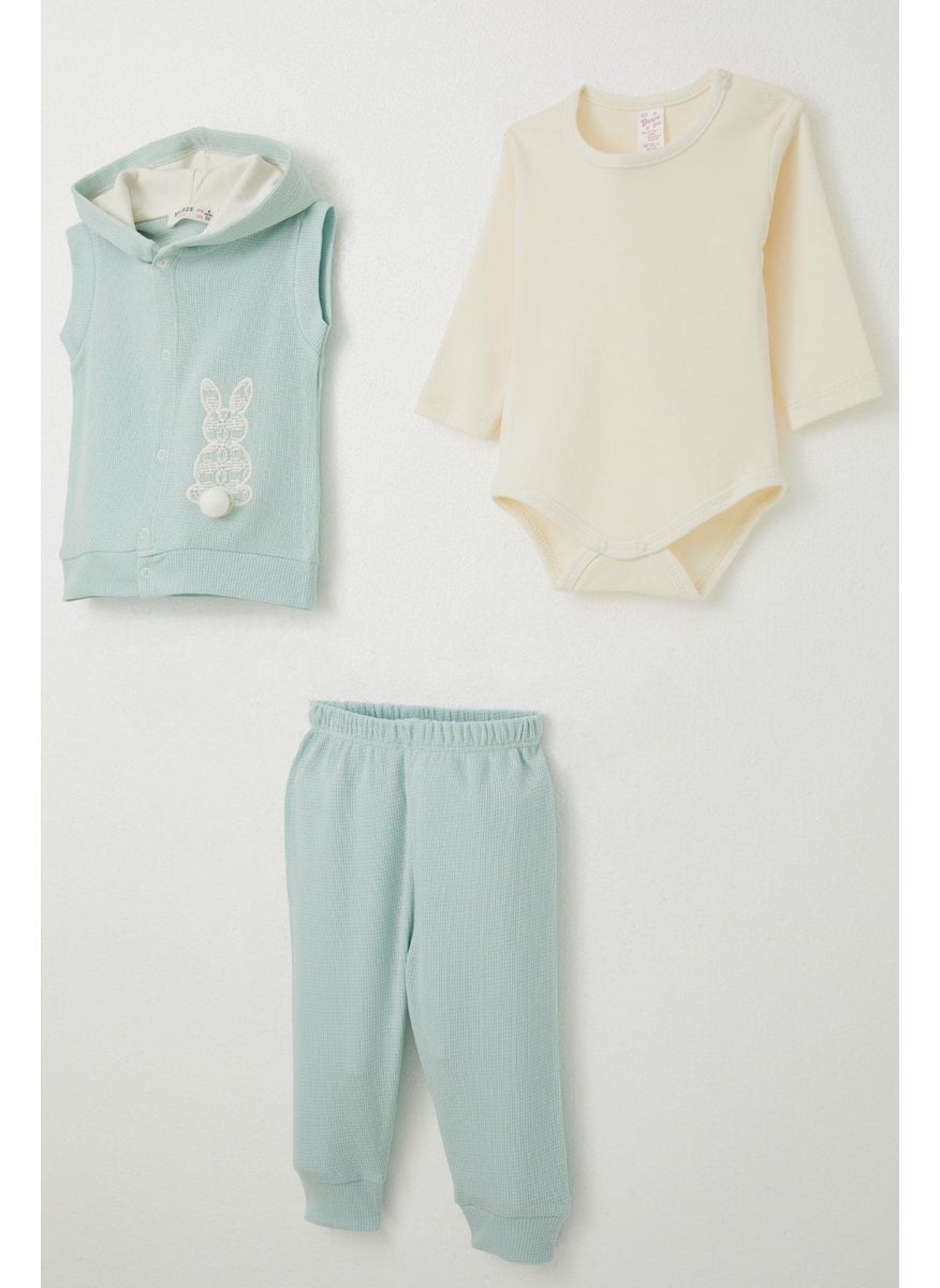 Baby Girl Bodysuit 3-Piece Set with Rabbit Embroidery and Pompoms, 4 Months-1 Years, Aqua Green