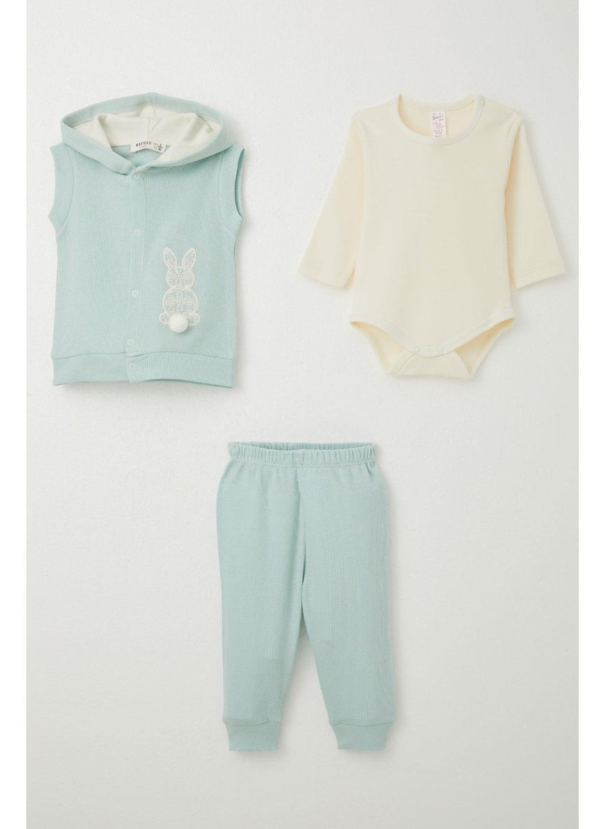 Baby Girl Bodysuit 3-Piece Set with Rabbit Embroidery and Pompoms, 4 Months-1 Years, Aqua Green