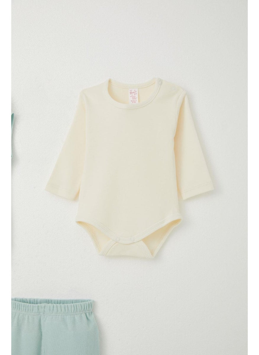 Baby Girl Bodysuit 3-Piece Set with Rabbit Embroidery and Pompoms, 4 Months-1 Years, Aqua Green