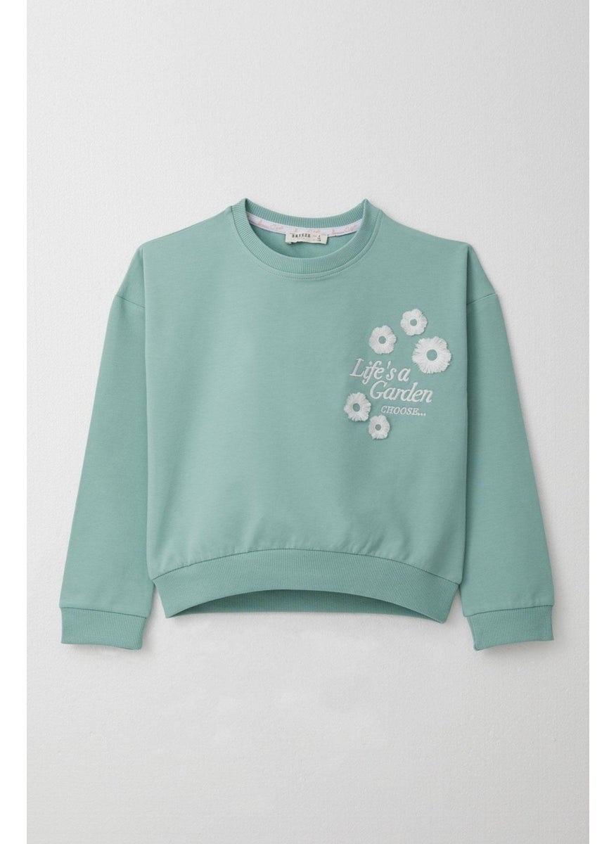 Girls Tracksuit Slogan Themed Tasseled Flower Embroidered 4-9 Years, Aqua Green