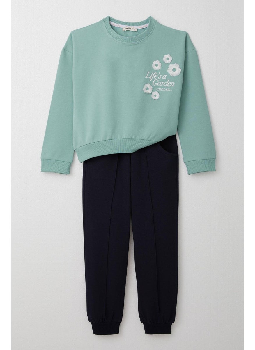 Girls Tracksuit Slogan Themed Tasseled Flower Embroidered 4-9 Years, Aqua Green