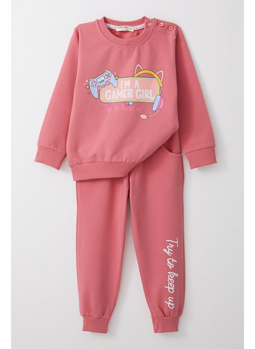 Girls Tracksuit Playful Girl Text Printed 1.5-5 Years Old, Dusty Rose