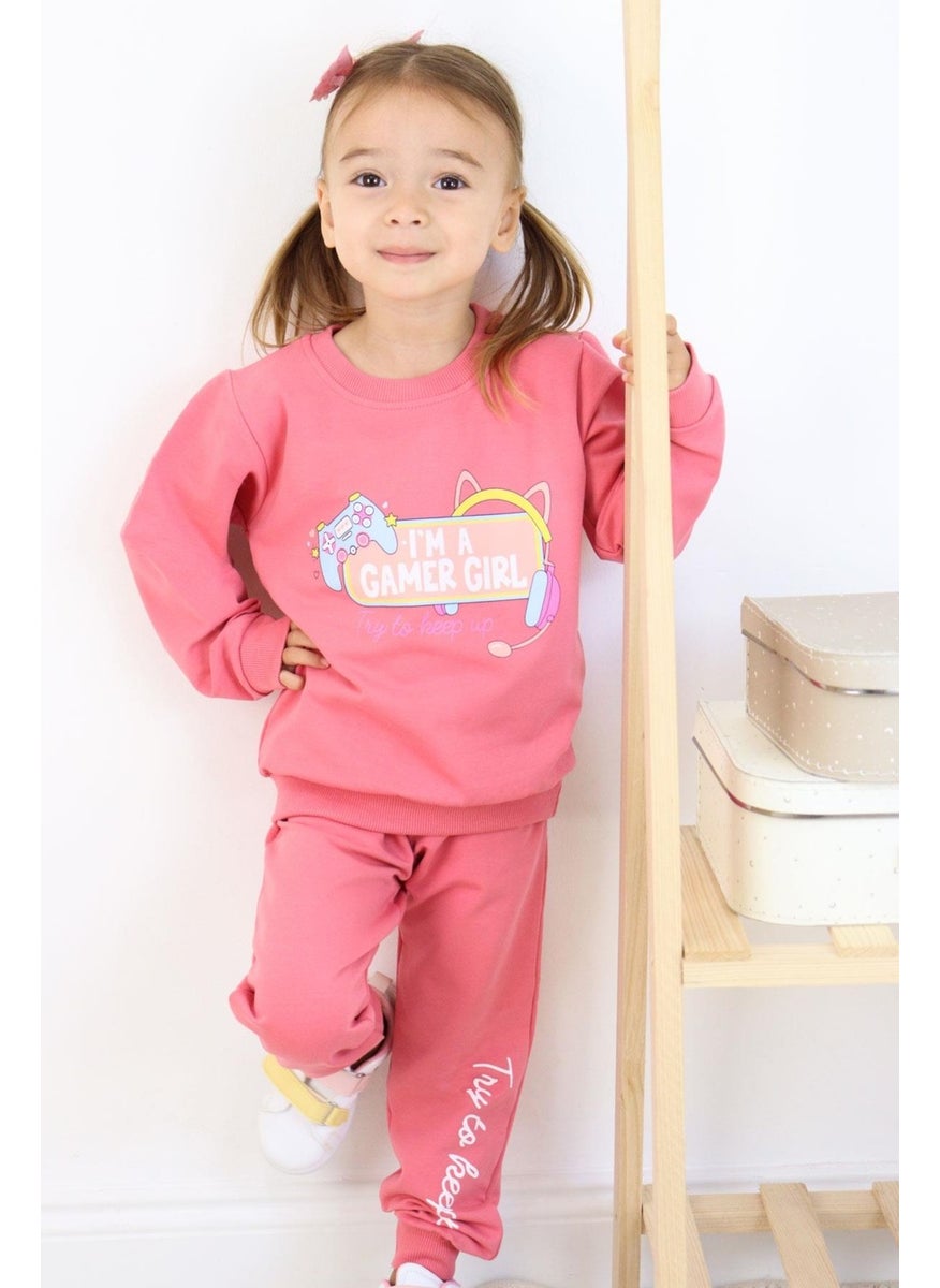 Girls Tracksuit Playful Girl Text Printed 1.5-5 Years Old, Dusty Rose