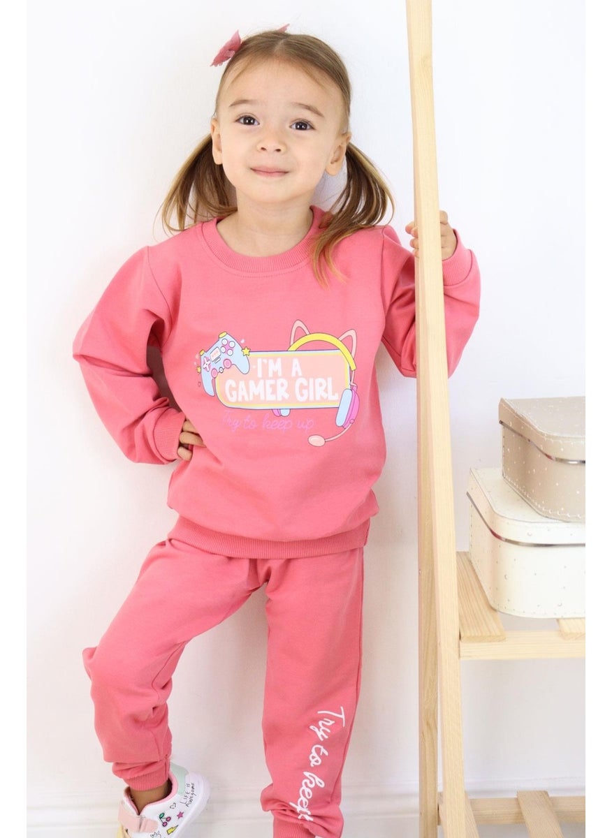 Girls Tracksuit Playful Girl Text Printed 1.5-5 Years Old, Dusty Rose