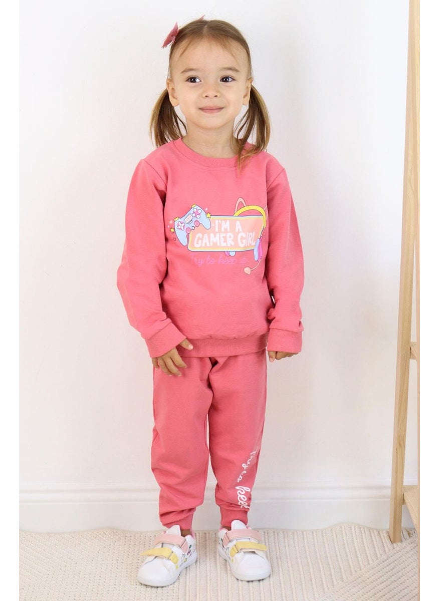 Girls Tracksuit Playful Girl Text Printed 1.5-5 Years Old, Dusty Rose