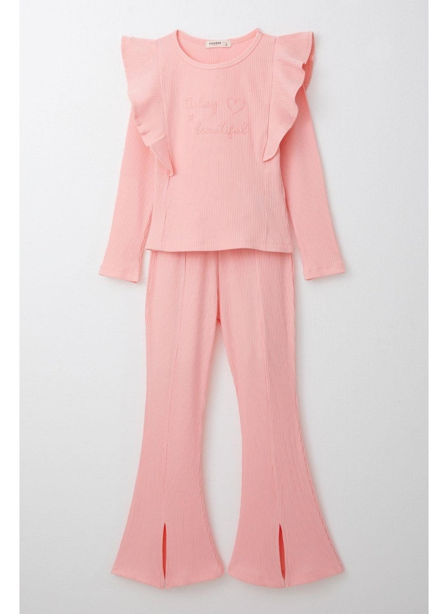 Girls Tights Set with Text Embroidery and Slit Legs, 4-8 Years, Pink