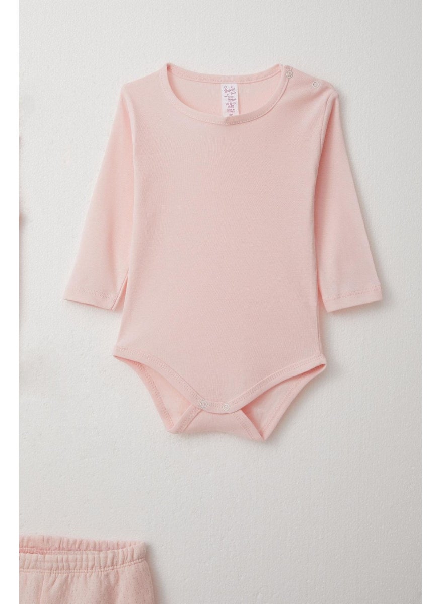 Baby Girl Bodysuit 3 Piece Set Bunny Embroidered Pompom Hooded 4 Months-1 Years, Powder