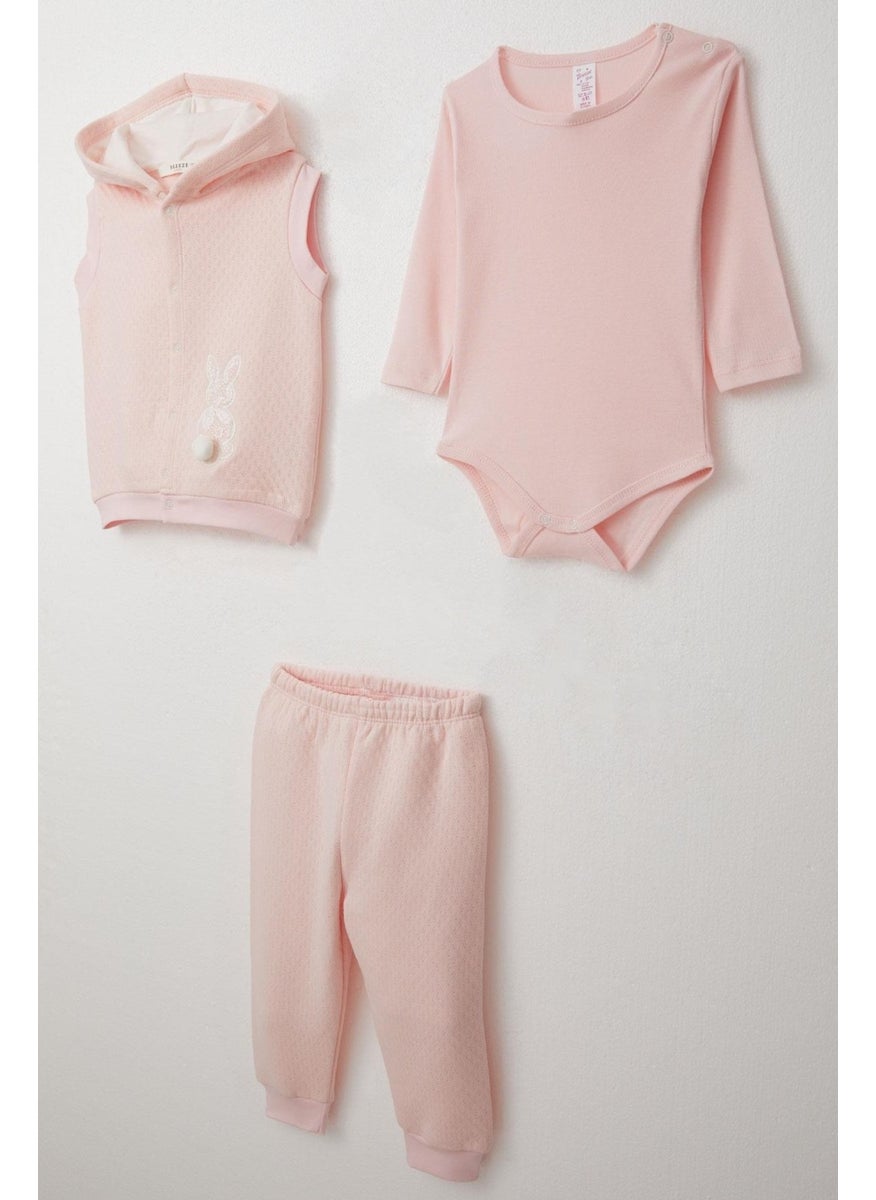 Baby Girl Bodysuit 3 Piece Set Bunny Embroidered Pompom Hooded 4 Months-1 Years, Powder