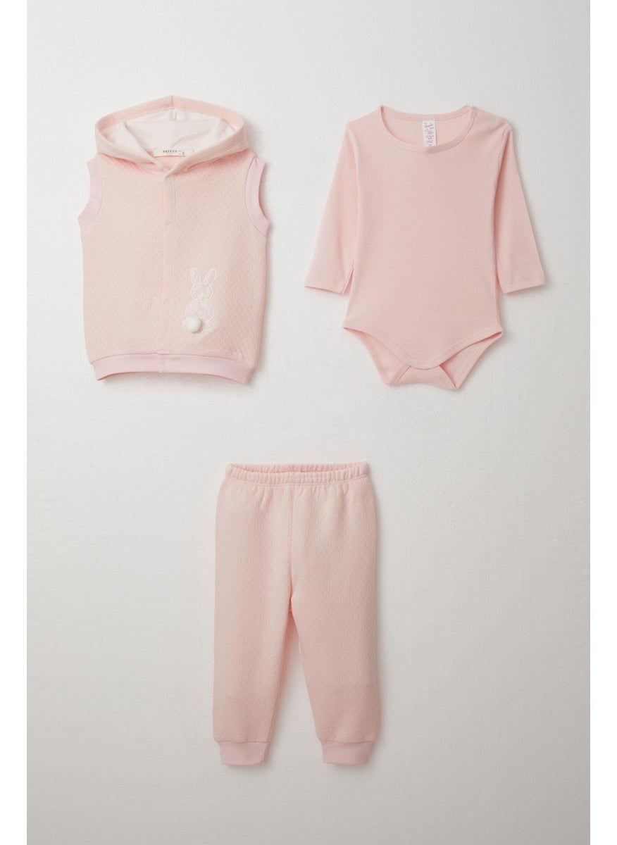 Baby Girl Bodysuit 3 Piece Set Bunny Embroidered Pompom Hooded 4 Months-1 Years, Powder