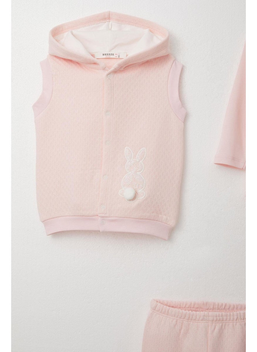 Baby Girl Bodysuit 3 Piece Set Bunny Embroidered Pompom Hooded 4 Months-1 Years, Powder