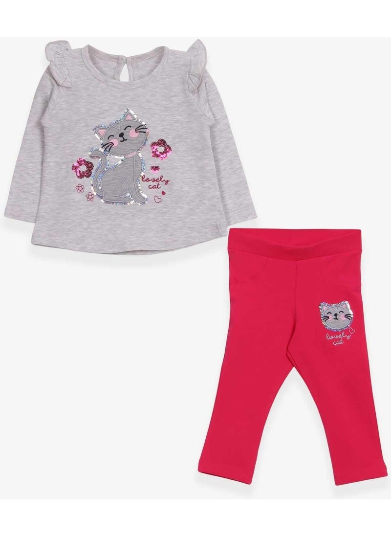 Baby Girl Tights Set Sequined Kitten Printed 9 Months-3 Years, Light Gray Melange