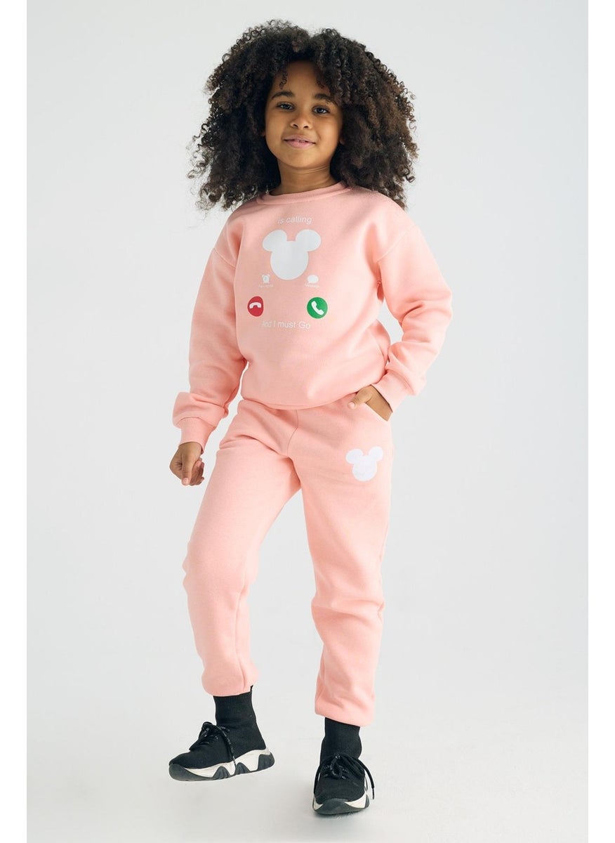 Crew Neck Long Sleeve Salmon Color Girl's Two Piece Set