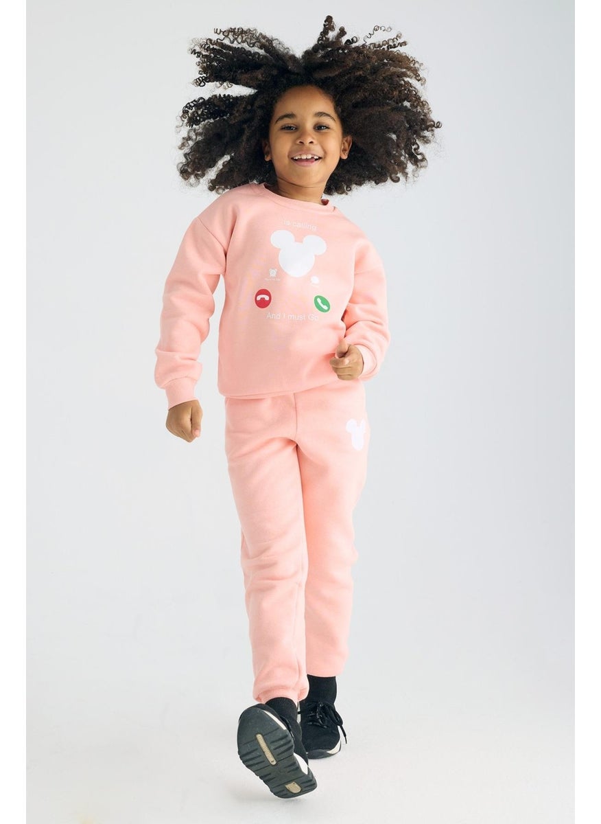 Crew Neck Long Sleeve Salmon Color Girl's Two Piece Set