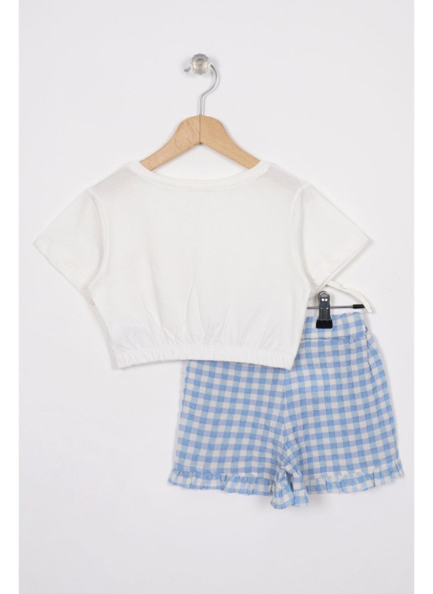 Ruffle Detailed Ecru Blue Color Girl Shorts Set