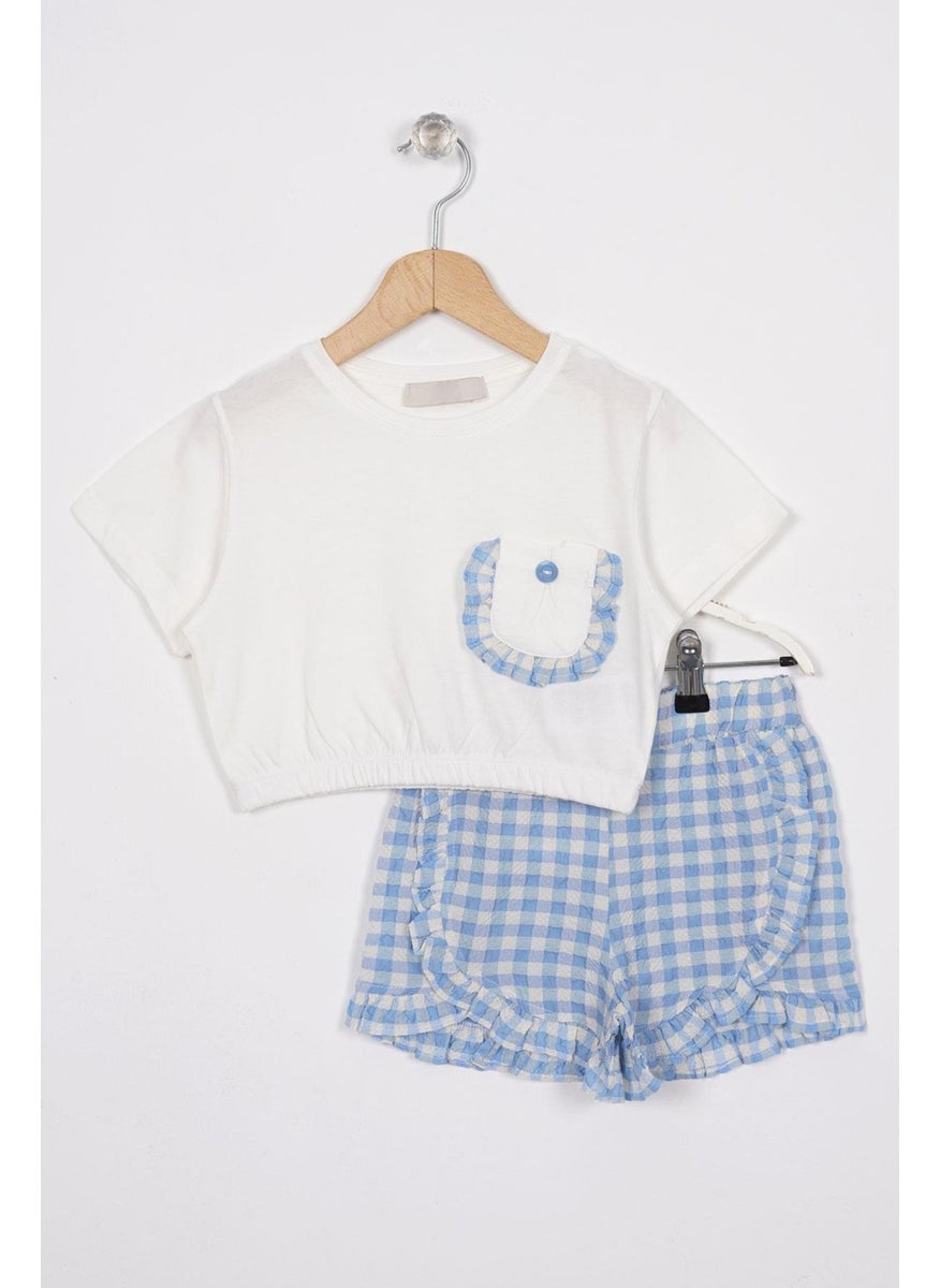 Ruffle Detailed Ecru Blue Color Girl Shorts Set