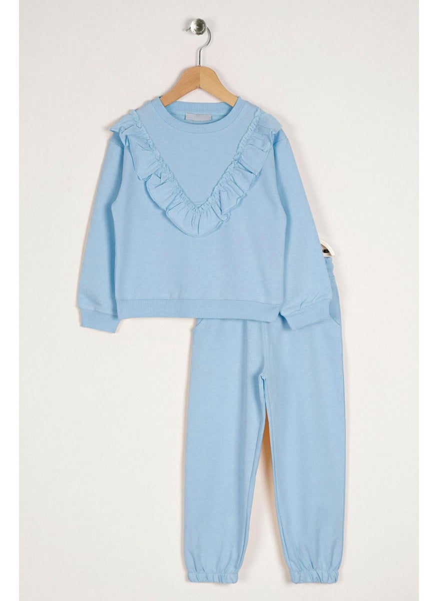 Crew Neck Long Sleeve Ruffle Detailed Blue Color Girl's Two Piece Set
