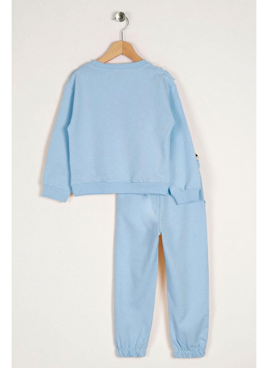 Crew Neck Long Sleeve Ruffle Detailed Blue Color Girl's Two Piece Set